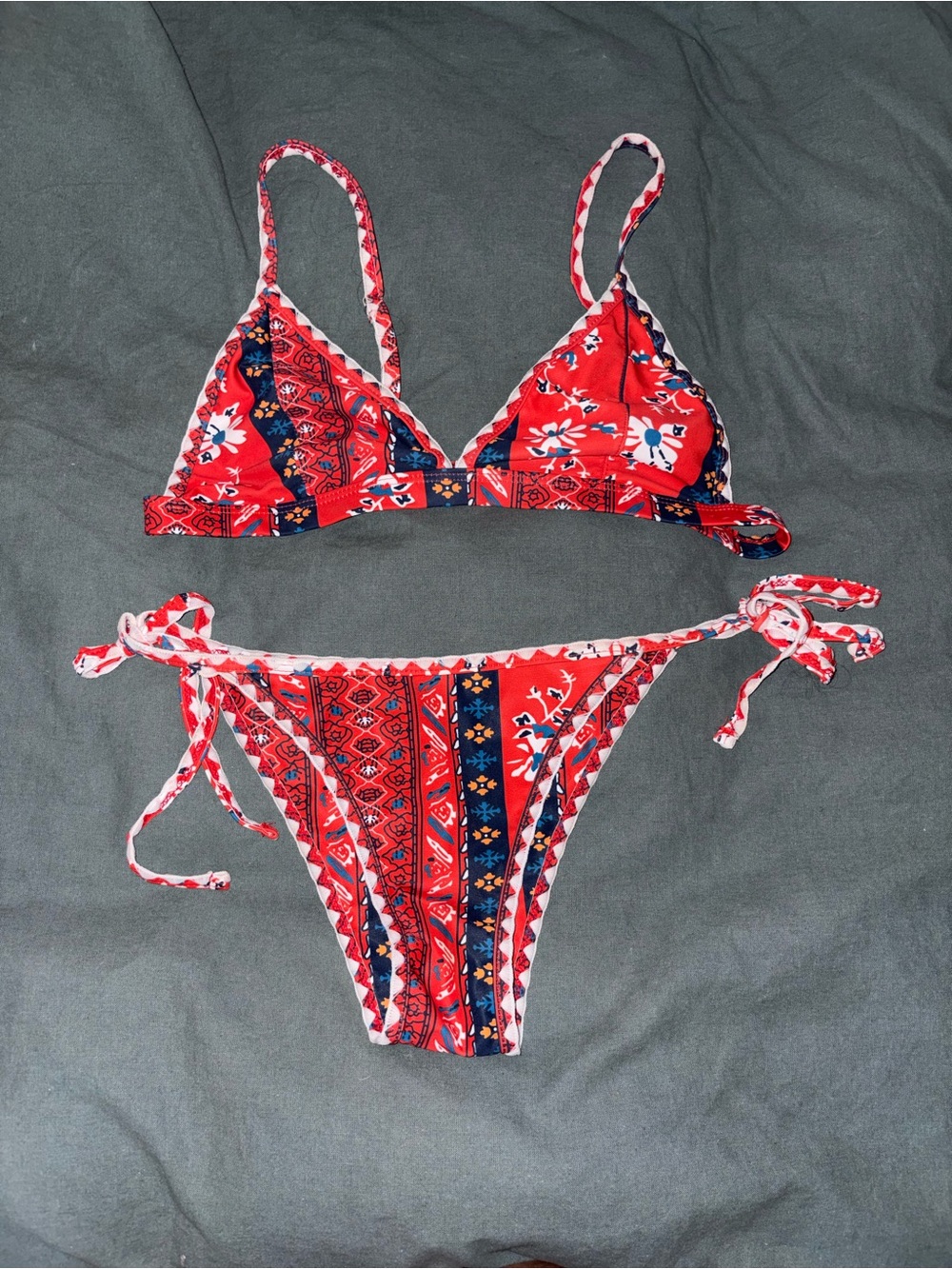 Zaful Red Floral & Navy Pattern Tie-Side Bikini